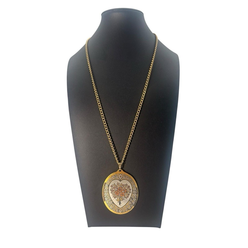 Vintage Reed & Barton Damascene GoldTone Floral Heart Love Tree Pendant Necklace